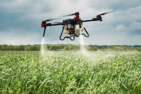 Modern technologies in agriculture. An industrial drone flies over a green field and sprays useful pesticides to increase productivity and destroys harmful insects. increase productivityの写真素材