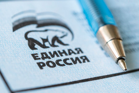 The er party logo on the billutene is a close-up. Elections to the State Duma of the Russian Federation. translation: united russia. September 19, 2021, Russia Altai region, Barnaul.のeditorial素材