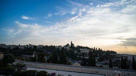 Picturesque aerial view of some old city at the blue skyline background. Sleeping town with vintage...