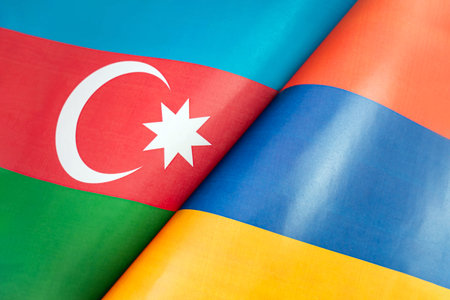 Background of the flags of the azerbaijan, armenia. The concept of interaction or counteraction between the two countries. International relations. political negotiations. Sports competition.の写真素材