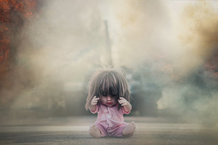 A frightened doll sits on the ground surrounded by fire and smoke. A child's toy on the background of an attacking tank. The concept of the horrors of military conflicts. War and children concept.の写真素材