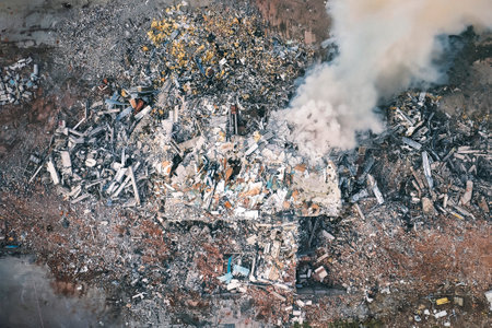 Top view of the destroyed building. Aerial view of the ruins. smoke from the destroyed building...