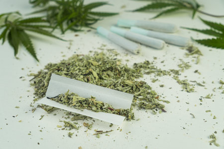 Equipment smoke weed on white table. Cannabis legalization. CBD and THC on buds in cannabis. Cannabis buds weed on wood background. Marijuana smoking pipe. legalization of light drugs.の写真素材