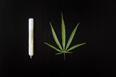 Preparing cannabis joint with tobacco and rolling paper with marijuana bud on black background. The insinuation of marijuana abuse. cannabis legalization conceptの写真素材