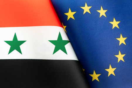 Flags of the Egypt, European union. The concept of international relations between countries. The concept of an alliance or a confrontation between two state governments. Friendship of people.の写真素材