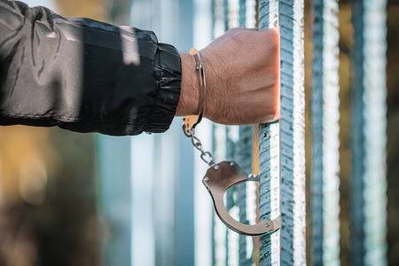 Man handcuffed in jail outdoors, closeup. Criminal law. arrest at the scene of a crime