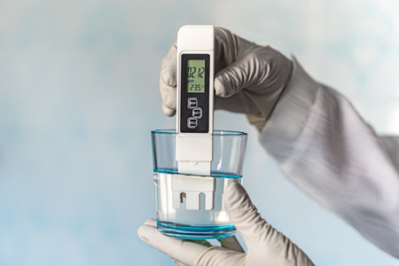 pH meter in hands with gloves, glass of water on a blue background. Measurement of the...