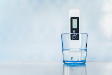 Electronic pH meter in a glass of water. TDS measurement of water. poor water quality, high values of salt impurities, copy spaceの写真素材