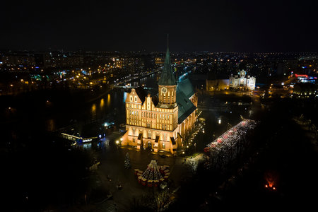 Aerial view of the Cathedral in the city center of Kaliningrad at night, night cityscape, Immanuel...