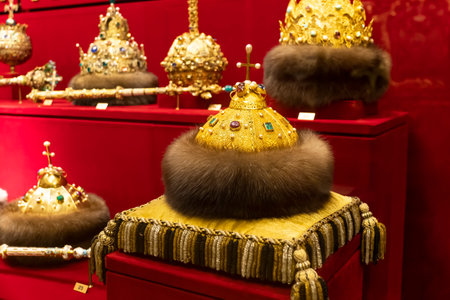 Royal monomakh hat made of gold and fur. exhibits in the armory chamber of the Moscow Kremlin. December 21, 2021. Moscow. Russia.のeditorial素材