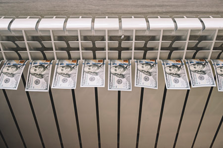 Closeup dollar bills on radiator. concept of paying for heating in homes with a cold climateの写真素材