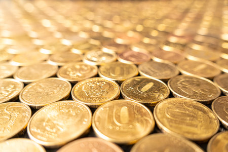 Iron 10 rubles coin written ten rubles, the Bank of Russia on background. Finance and business conceptの写真素材