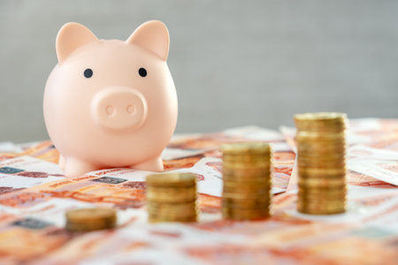 Piggy-bank on bunch of Russian rubles banknote and coins. The increase in business profits in Russia. The concept of investments in the Russian economy.の写真素材