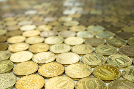 Iron 10 rubles coin written ten rubles, the Bank of Russia on background. Finance and business conceptの写真素材