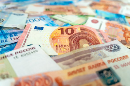 Money background from different countries: euros, rubles. International currencies. 10 euro