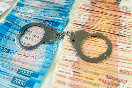 metal handcuffs against the background of the cash currency russian ruble. The concept of bribery or criminal money.の写真素材