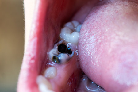 a tooth destroyed by caries in close-up. Unhealthy child's teeth with black plaque. Missing teeth. The child's mouth with a milk rotten tooth. a loose filling from a tooth.の写真素材