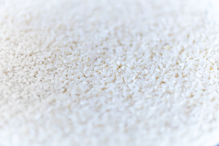 White long rice background, uncooked raw cereals, macro, close up, low depth of fieldの写真素材