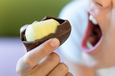 A baby girl bites a chocolate egg with a plastic toy inside. dangerous harmful food for children