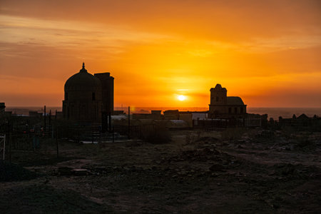 Mizdakhan cemetery at the sunset, in Nukus, Uzbekistan.の写真素材