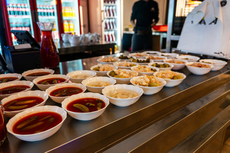 A variety of salads. Self service restaurant with a variety of salads, soups and side dishes