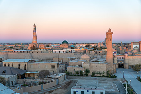 Old town of Khiva from above at sunrise. view through the window of the minaret in the mosqueの写真素材
