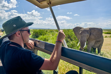 Young man discover african nature by car with an open roof Tanzania safari. A Caucasian guy in a hat looks at animals in the savannah. The concept of travel and adventure in the wild.の写真素材