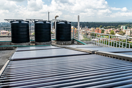 Water tank on the roof over blue sky. Black water tank on the roof of a tall building against a blue...