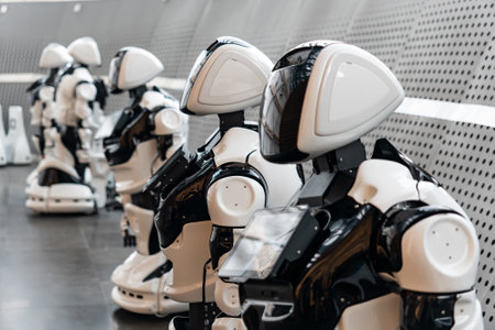 The robots are charged from the power grid.. The concept of production of robotic equipment with artificial intelligence.の写真素材