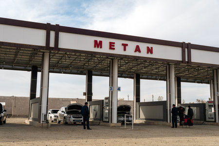 Gas station for methane. The car is refueled with gas on the street. November 4, 2023. The Karakalpak Republic of Uzbekistan.のeditorial素材
