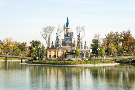 October 28th. 2023 Tashkent, Uzbekistan. Tower building, singing fountain in Amusement Park Magic City former Komsomolskoye lakeのeditorial素材