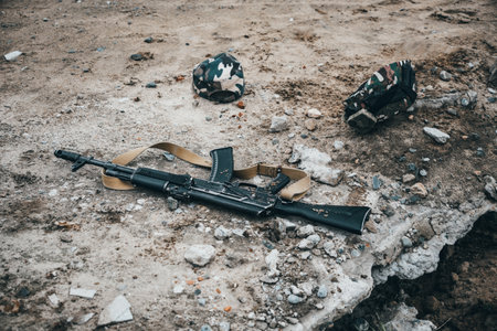 A Kalashnikov assault rifle is lying on the ground. The concept of war