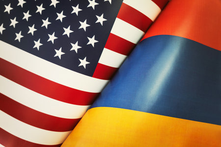 fragments of the state flags of the USA and Armenia in close-upの写真素材