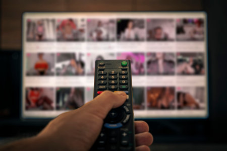A person is using a remote control in front of a TV screen.