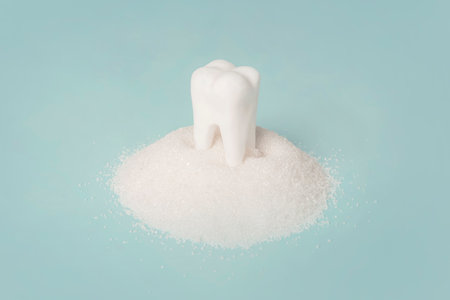 Tooth with sugar on blue background. Harm sugar and sweet for teeth, care. concept, tooth lossの写真素材