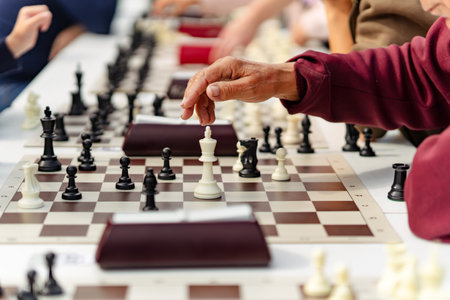 old man playing chess and makes the first move a pawn. Simultaneous game session, a massive...