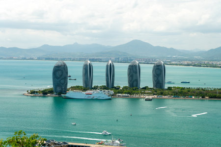 Hainan Sanya Bay architecture urban landscape. Luhuitou Park. Sanya bay. Excellent tourism destination for summer vacation by the seaの写真素材