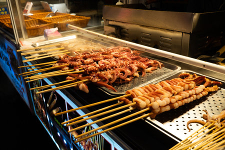 Grilled squid skewers sold in street food in Chinaの写真素材