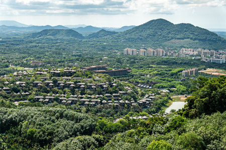 Background of tropical leaves and plants. Yanoda Park on Hainan Island, China. a town or village in the mountains of China.の写真素材