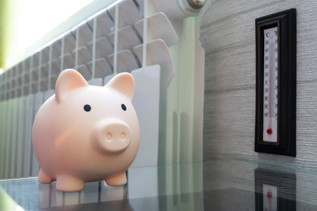 Heating thermostat with piggy bank and thermometer, expensive heating costs concept. price heating,の写真素材