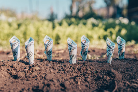 Image of bank notes rolled around plants on soil for business, saving, growth, economic concept. Profitable crop productionの写真素材