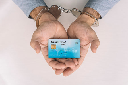 Person in Handcuffs with a Bank Card on the Table closeup. financial fraud with credit cards concept. Theft of bank accounts.の写真素材