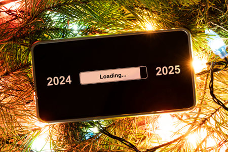 the concept of changing the year from 2024 to 2025. smartphone on the computer keyboard with the process of loading the new year. end of 2023の写真素材