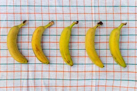 Ripe, appetizing, healthy, large, sweet bananas, neatly lined in a row on a checkered tablecloth table on a light background. The view from the top. Healthy eatingの写真素材