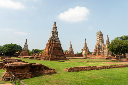 Landscape Ayutthaya Historical Park in Ayutthaya. Old kingdom of Siam. Summer day with blue sky. Famous tourist destination, spiritual place near Bangkok.の写真素材