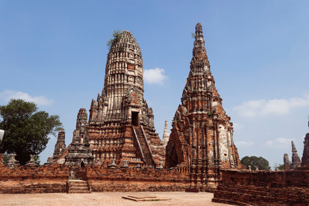 Stupa ruins of Ayutthaya Historical Park, ancient and beautiful temple in Ayutthaya period Wat Chaiwatthanaram, Thailandの写真素材