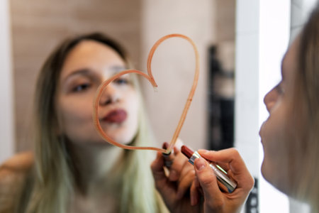 Caucasian women with blonde hair draws a heart shaped use lipstick on the mirror and look at herself feeling confident self loveの写真素材