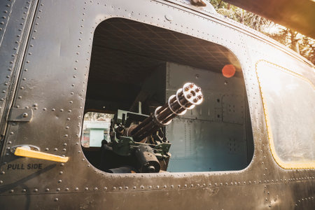 Machine gun M134 mounted on a Huey Helicopter, War Remnants Museum, Saigon, Ho Chi Minh City, Vietnamの写真素材