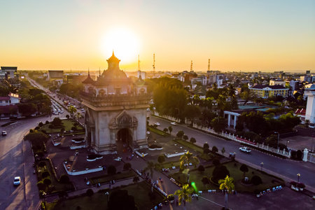 Patuxai Gate in the Thannon Lanxing area of Vientiane, Laosの写真素材