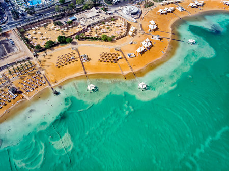 view of the beach at resort village of Ein Bokek. the view from the top. aerial viewの写真素材